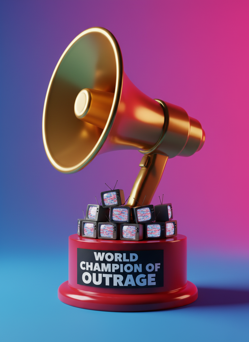 An enormous, gleaming gold trophy shaped like a megaphone stands on a rounded, cherry-red pedestal, engraved with “WORLD CHAMPION OF OUTRAGE.” The trophy’s surface is mirror-smooth and slightly warped, comically distorting nearby miniature plastic TV sets stacked around the base, each screen glowing with static red, white, and blue patterns. The scene is set against a seamless gradient backdrop shifting from electric blue at the bottom to hot pink at the top. Bright, directional studio lighting from the left creates sharp highlights along the megaphone’s lip and dramatic but soft-edged shadows sweeping right. Shot from a low angle to exaggerate the trophy’s importance, with a shallow depth of field blurring the background TVs. The mood is bombastic, satirical, and energetic, rendered in vivid photographic realism with glossy, toy-like textures.