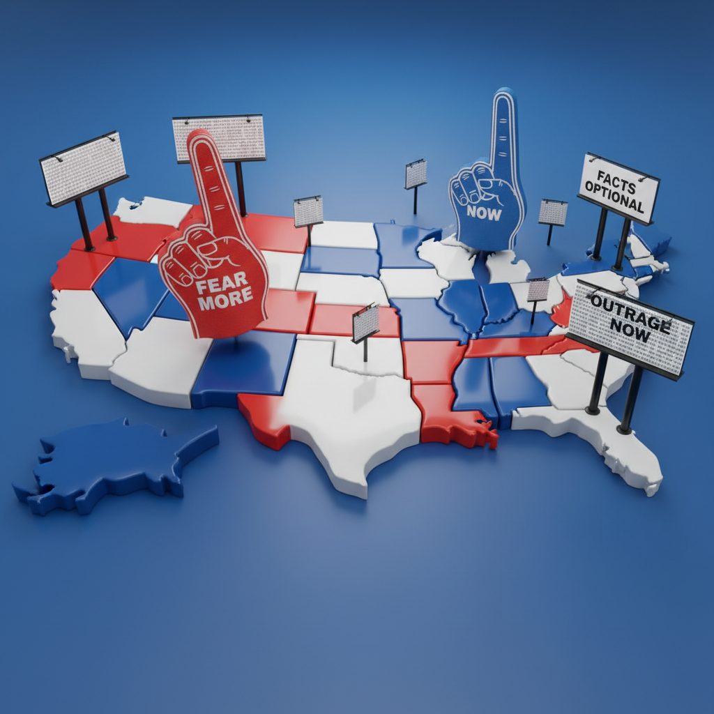 A perfectly smooth, plastic-looking map of the United States laid flat on a shiny cobalt-blue tabletop, each state rendered as a rounded, puzzle-piece chunk in candy red, white, or blue. Cartoonishly oversized foam fingers labeled with slogans like “FEAR MORE” and “FACTS OPTIONAL” point at key states. Tiny glossy billboards stick up from the map, each with absurdly long, unreadable fine print. Overhead, soft diffused studio lighting creates clean highlights on the plastic surfaces and subtle, playful shadows between states. Captured from a slightly elevated angle in sharp focus, the composition centers the Midwest while the coasts curve gently toward the frame edges. The mood is humorous yet ominous, with vibrant photographic realism and a board-game aesthetic that parodies political strategy.